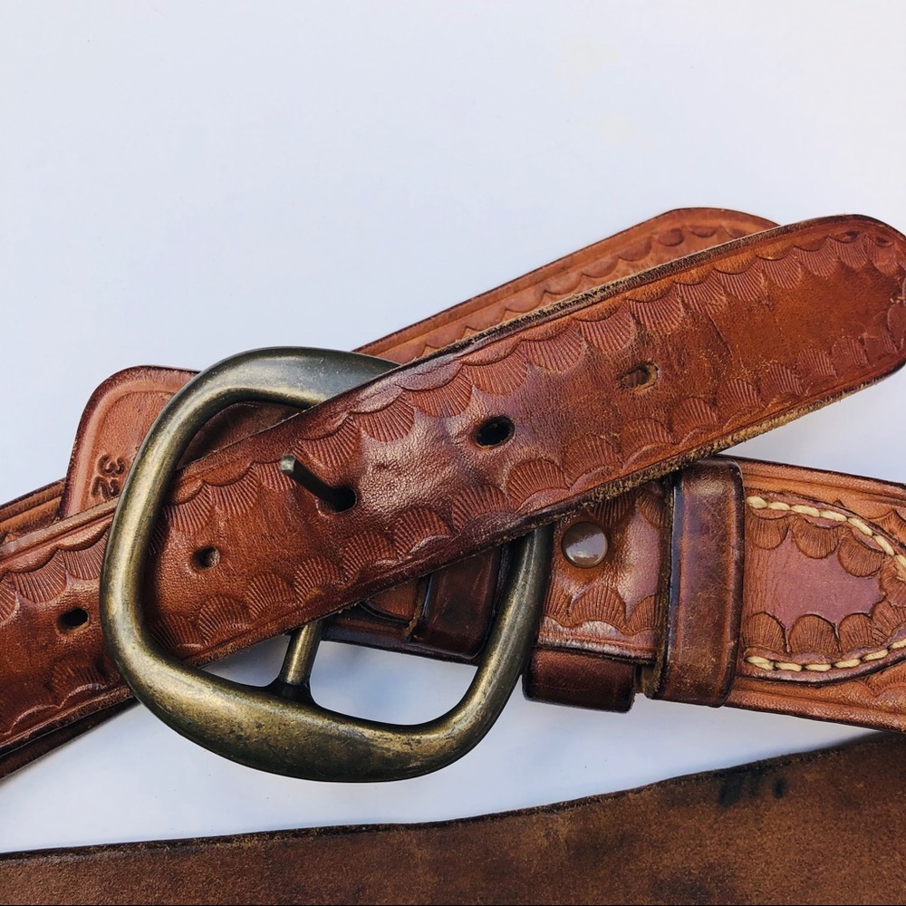 Tooled Brown Leather Belt with Antique Brass Buckle